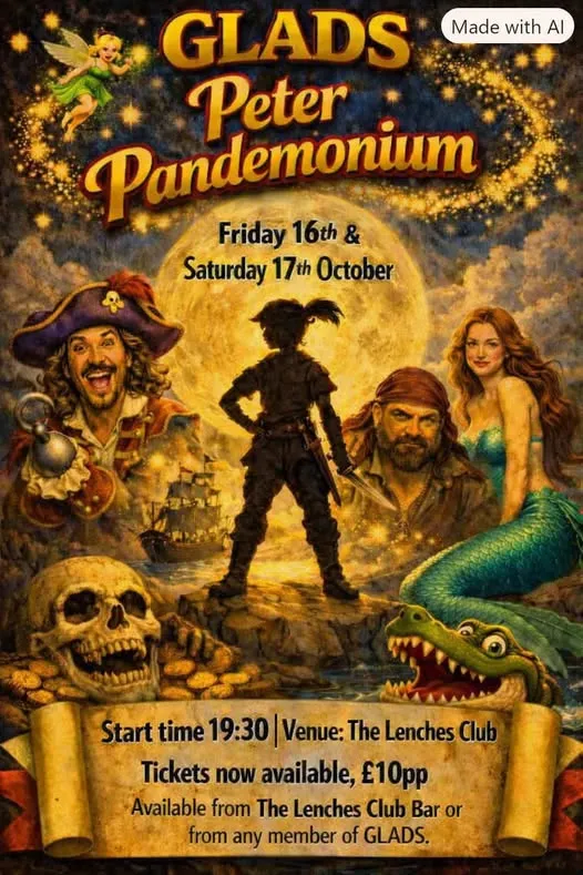 AI-generated poster for GLADS production Peter Pandemonium featuring pirates and a mermaid